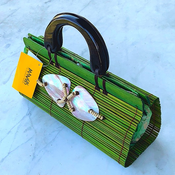 MANGOS PURSE HANDBAG WICKER GREEN MOTHER OF PEARL NEW HANDCRAFTED Y2K VINTAGE - Picture 2 of 11